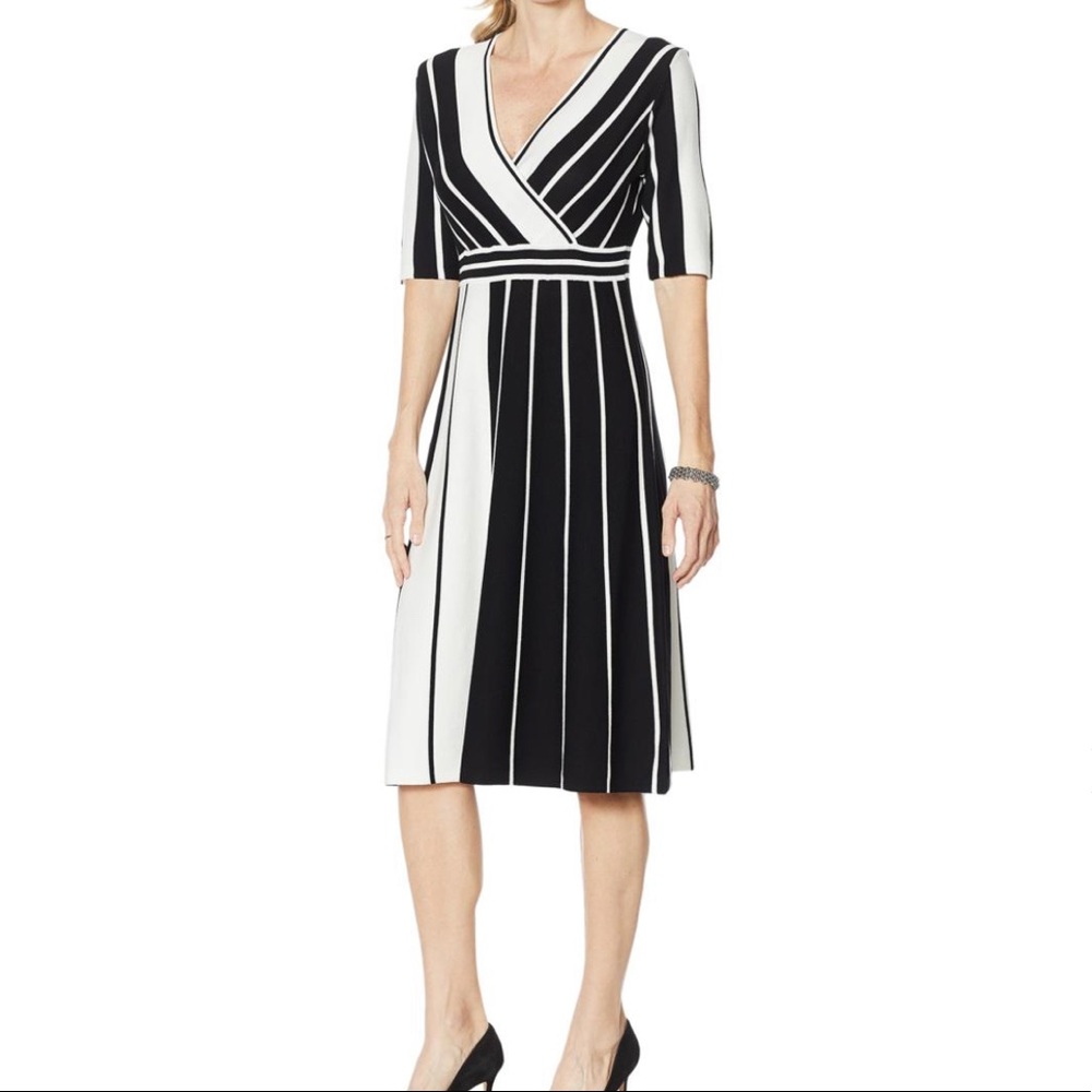 Nina Leonard Women's Surplice Stripe Fit & Flair Sweater Dress size M